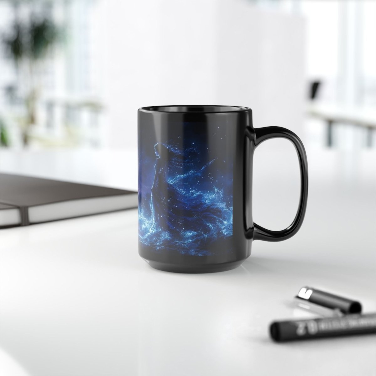 🌙 Moonlit Sorceress Black Mug – Mystical Feminine Fantasy Art - Elegant Deer