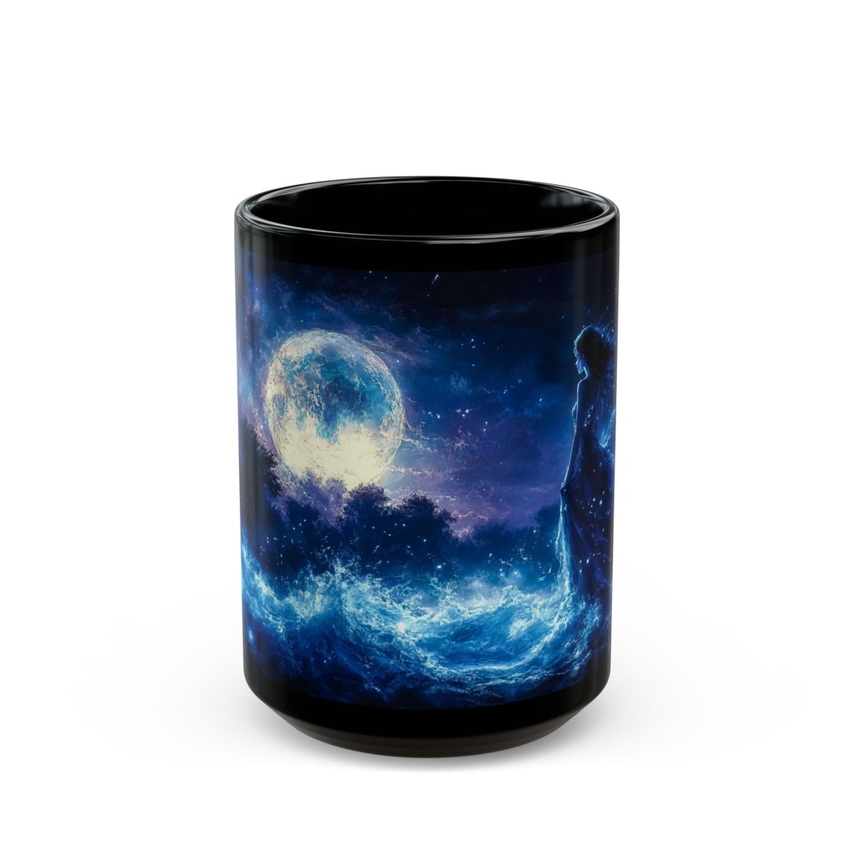 🌙 Moonlit Sorceress Black Mug – Mystical Feminine Fantasy Art - Elegant Deer
