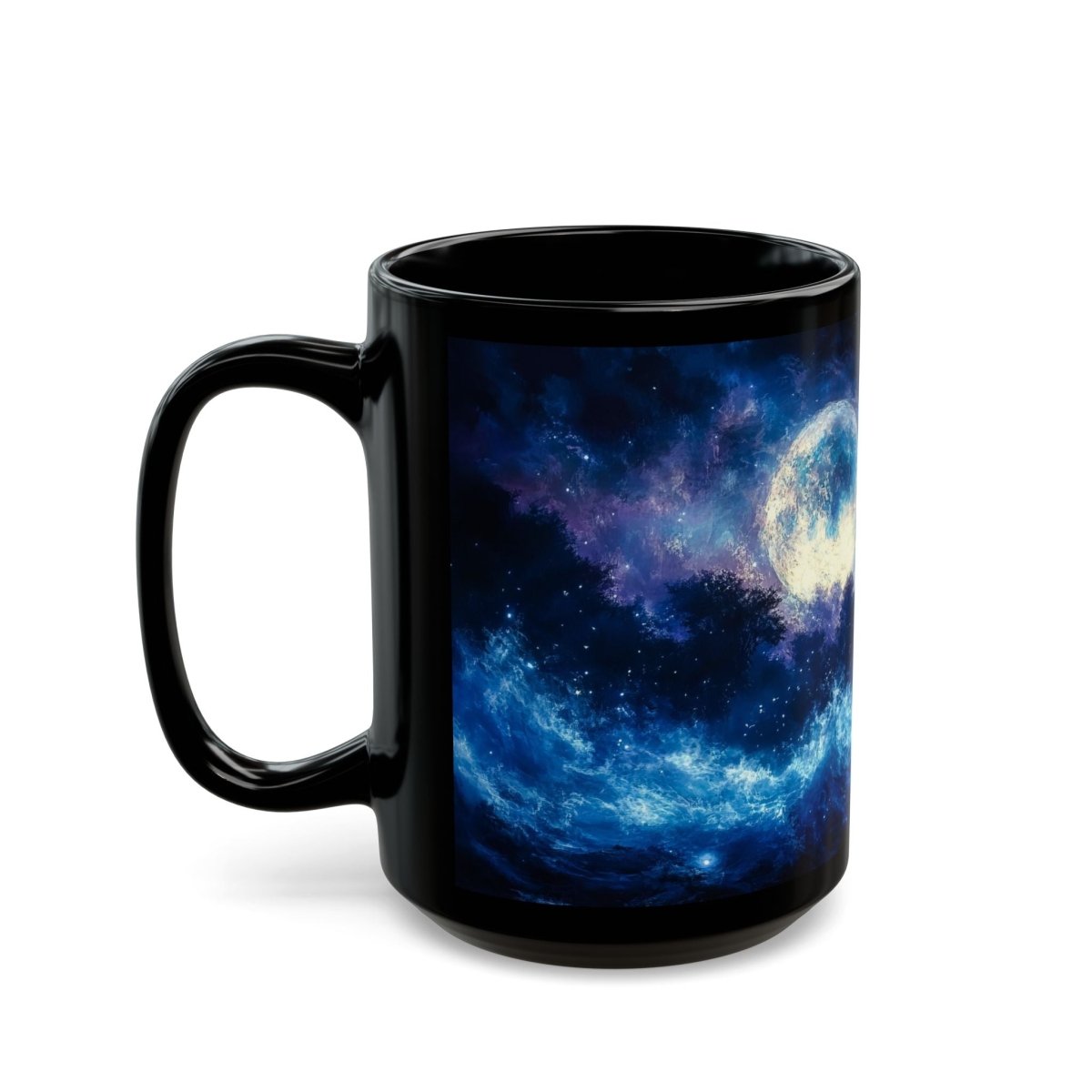 🌙 Moonlit Sorceress Black Mug – Mystical Feminine Fantasy Art - Elegant Deer