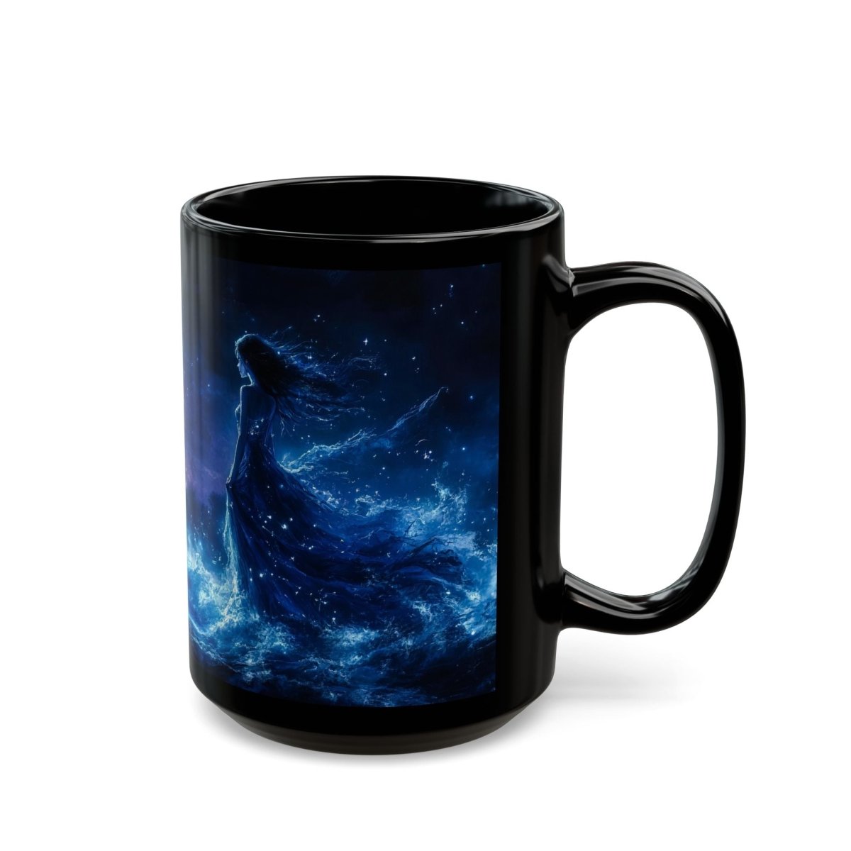 🌙 Moonlit Sorceress Black Mug – Mystical Feminine Fantasy Art - Elegant Deer