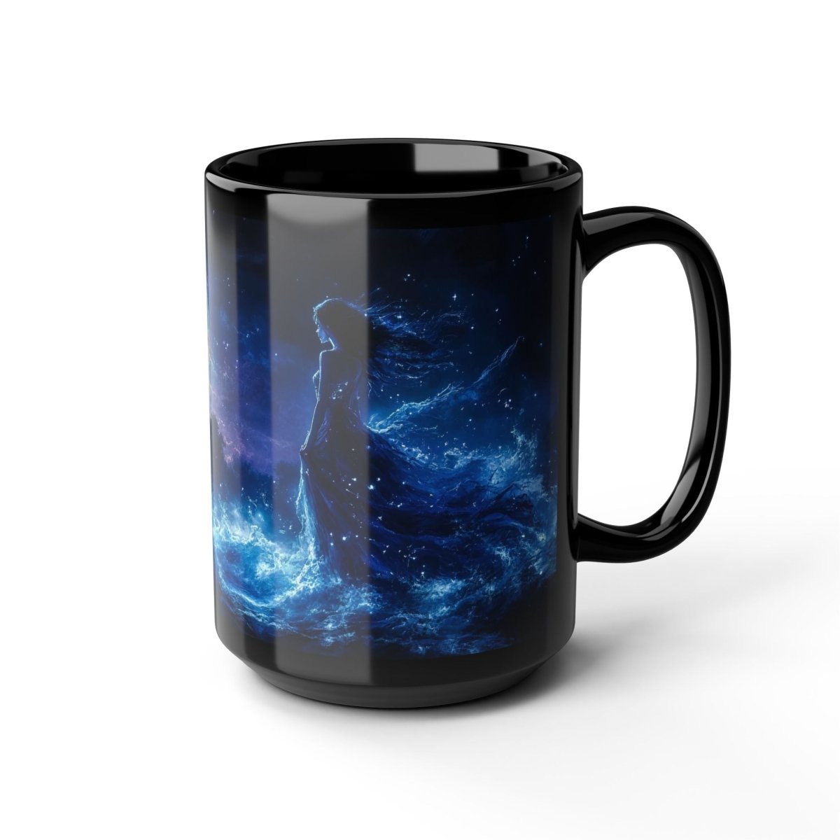 🌙 Moonlit Sorceress Black Mug – Mystical Feminine Fantasy Art - Elegant Deer