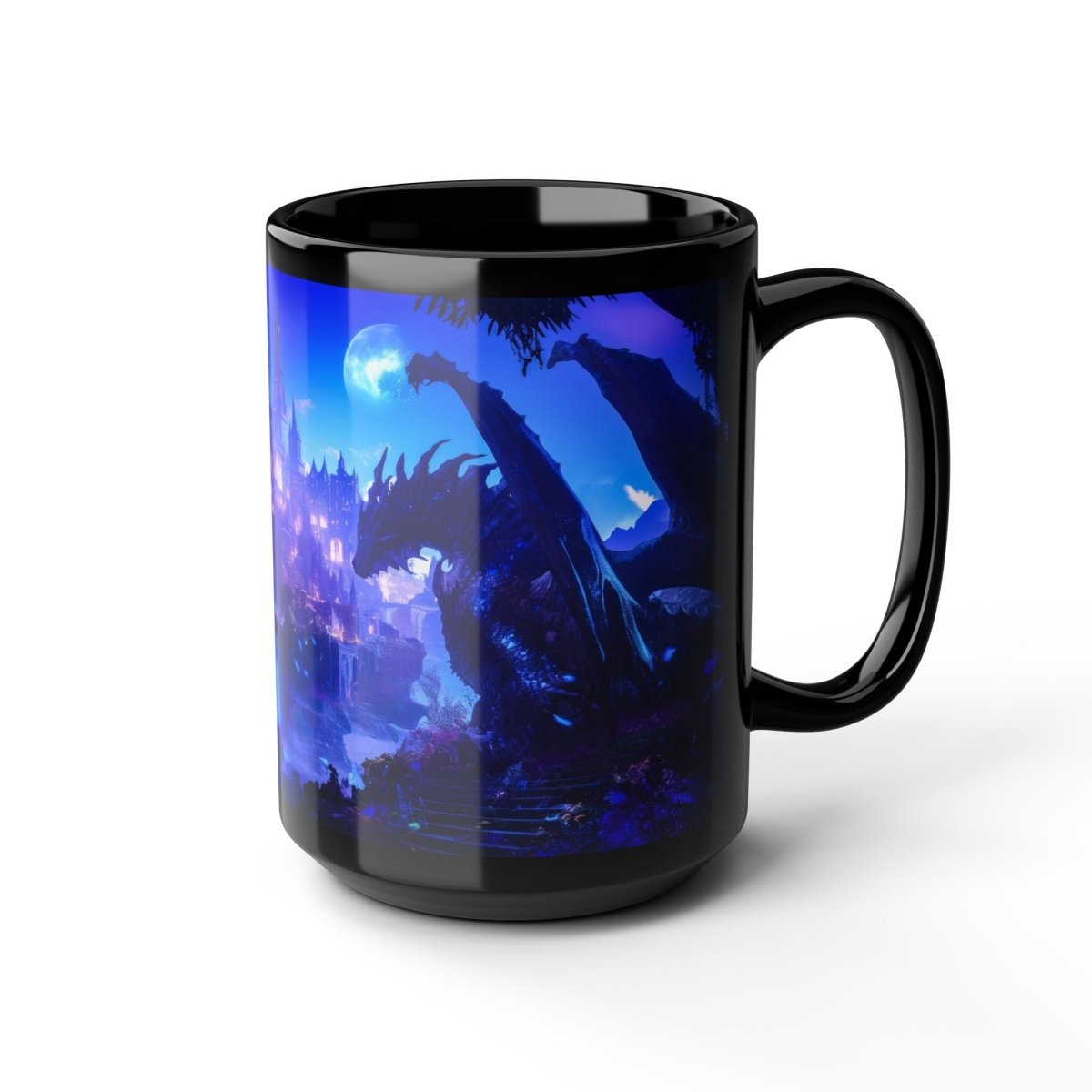 Mystic Dragon & Enchanted Castle Black Mug – Fantasy Night Scene 15oz - Elegant Deer