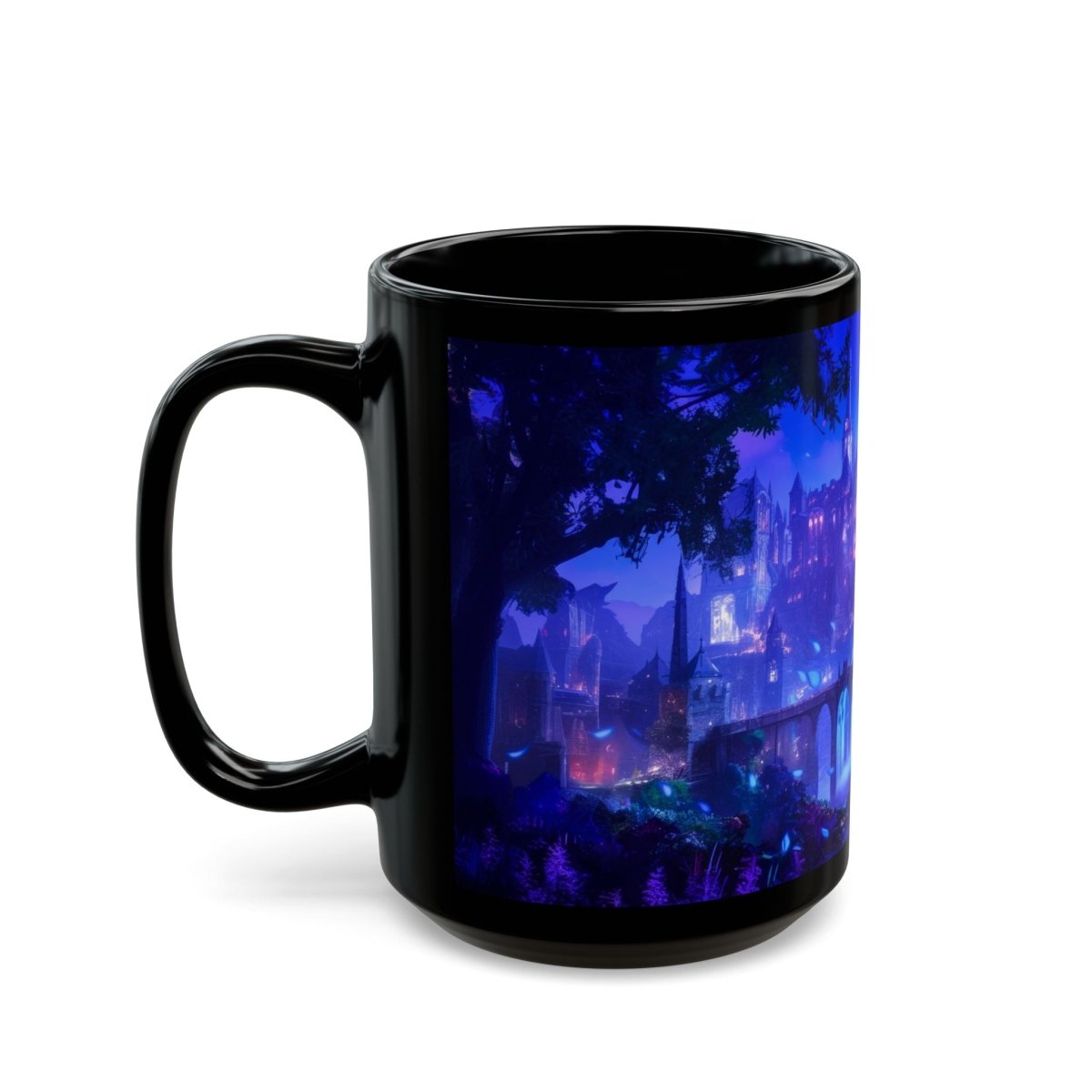 Mystic Dragon & Enchanted Castle Black Mug – Fantasy Night Scene 15oz - Elegant Deer