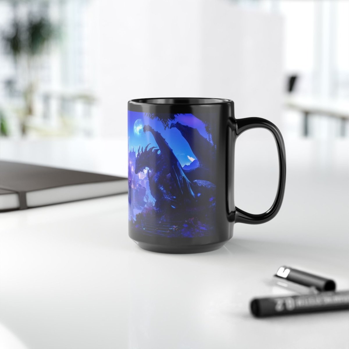 Mystic Dragon & Enchanted Castle Black Mug – Fantasy Night Scene 15oz - Elegant Deer