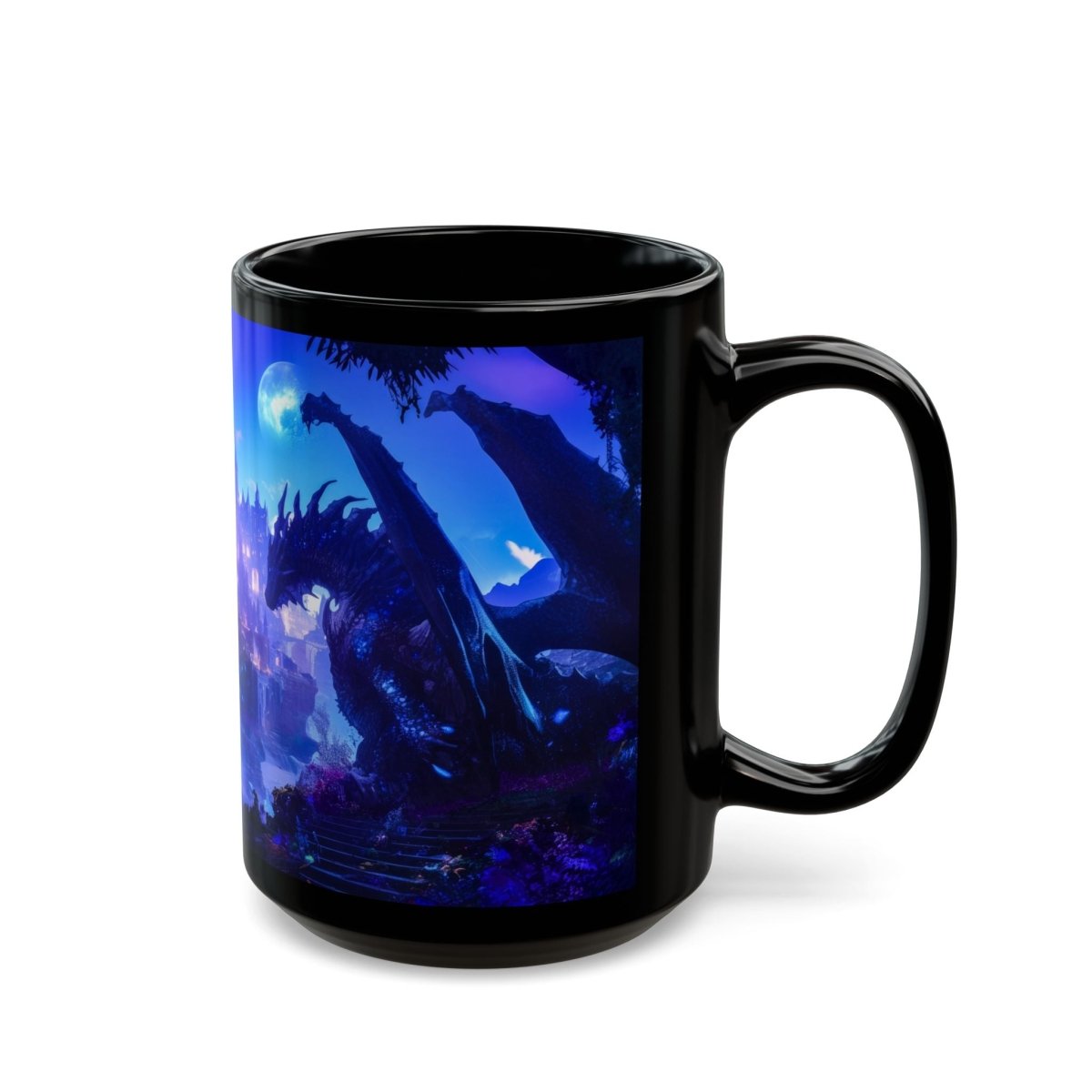 Mystic Dragon & Enchanted Castle Black Mug – Fantasy Night Scene 15oz - Elegant Deer