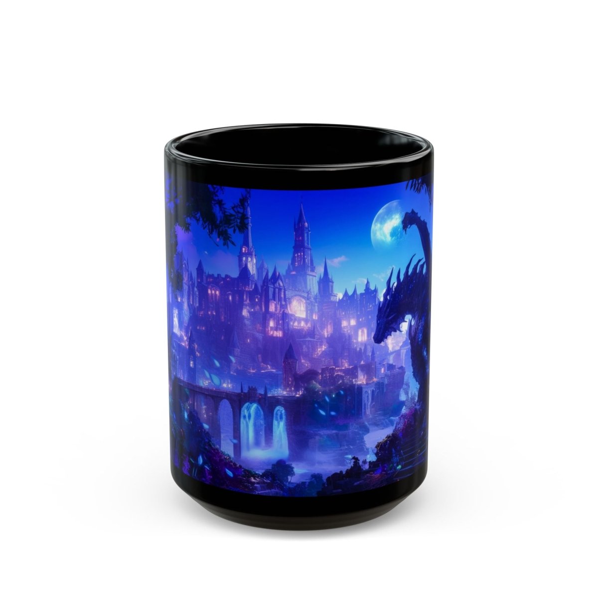 Mystic Dragon & Enchanted Castle Black Mug – Fantasy Night Scene 15oz - Elegant Deer