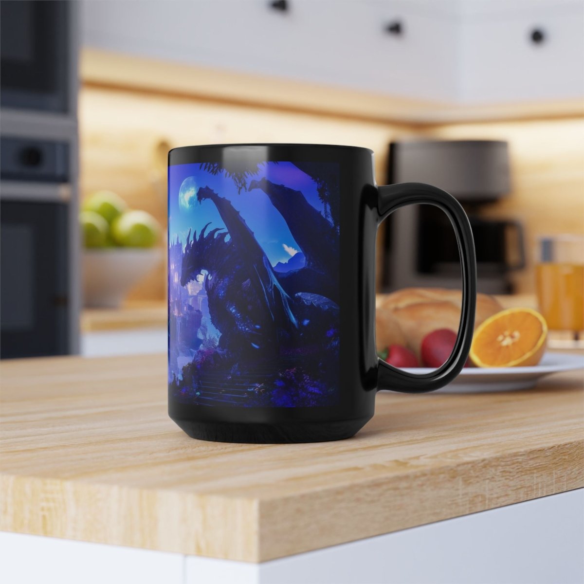 Mystic Dragon & Enchanted Castle Black Mug – Fantasy Night Scene 15oz - Elegant Deer
