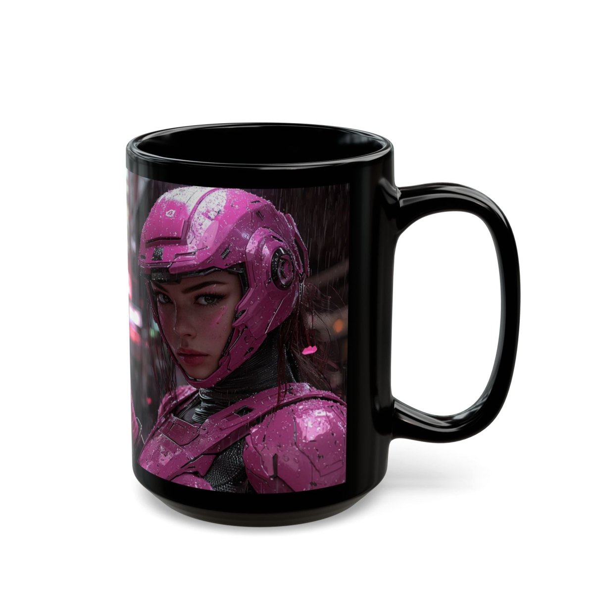 🎴 Neon Cyber Samurai Black Mug – Futuristic Warrior Woman - Elegant Deer