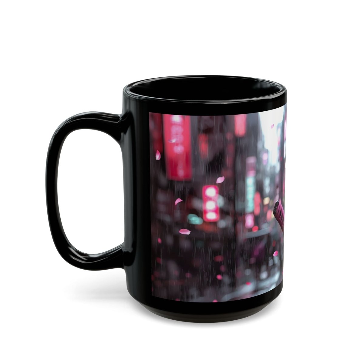 🎴 Neon Cyber Samurai Black Mug – Futuristic Warrior Woman - Elegant Deer