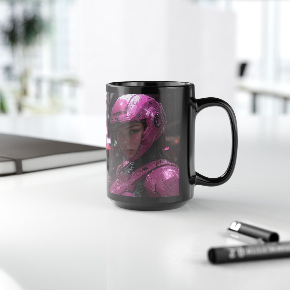 🎴 Neon Cyber Samurai Black Mug – Futuristic Warrior Woman - Elegant Deer
