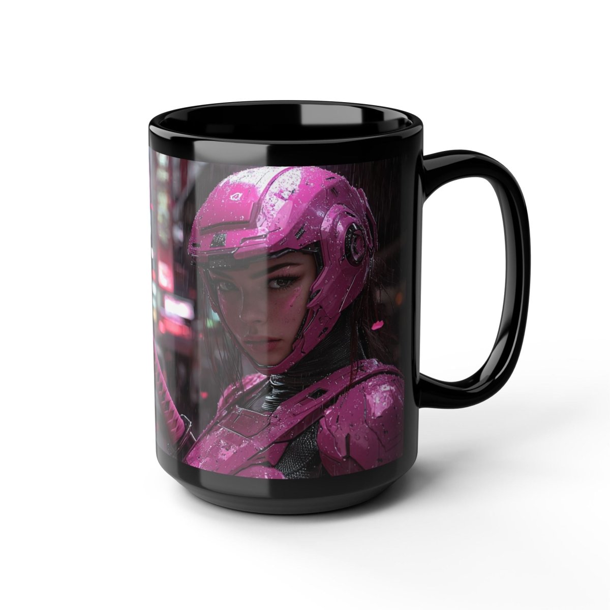 🎴 Neon Cyber Samurai Black Mug – Futuristic Warrior Woman - Elegant Deer