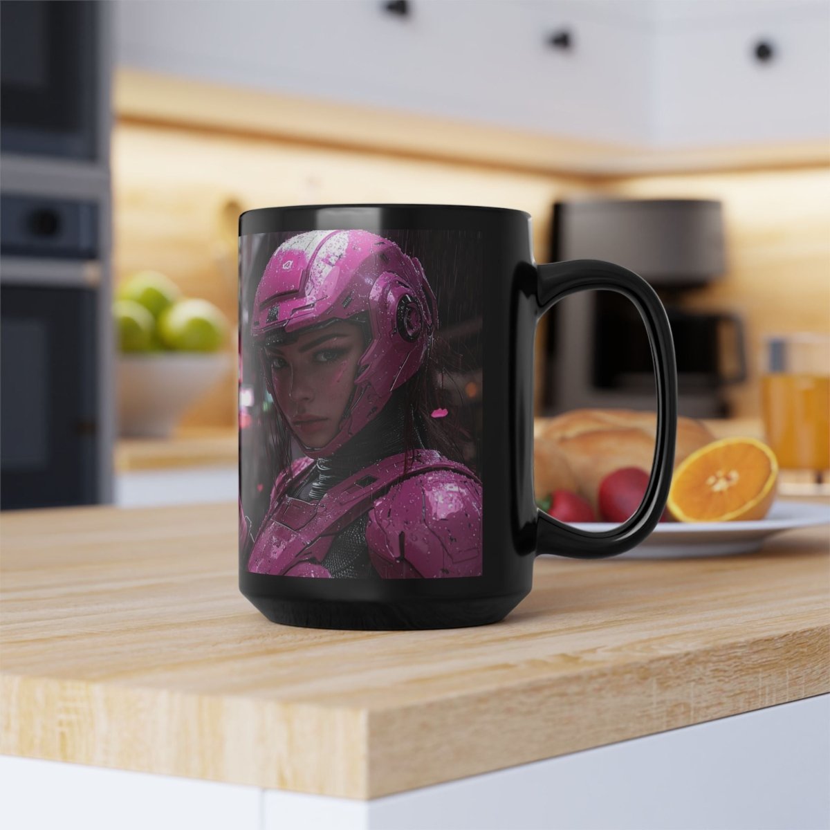 🎴 Neon Cyber Samurai Black Mug – Futuristic Warrior Woman - Elegant Deer