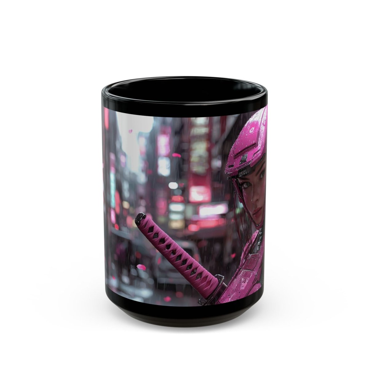 🎴 Neon Cyber Samurai Black Mug – Futuristic Warrior Woman - Elegant Deer