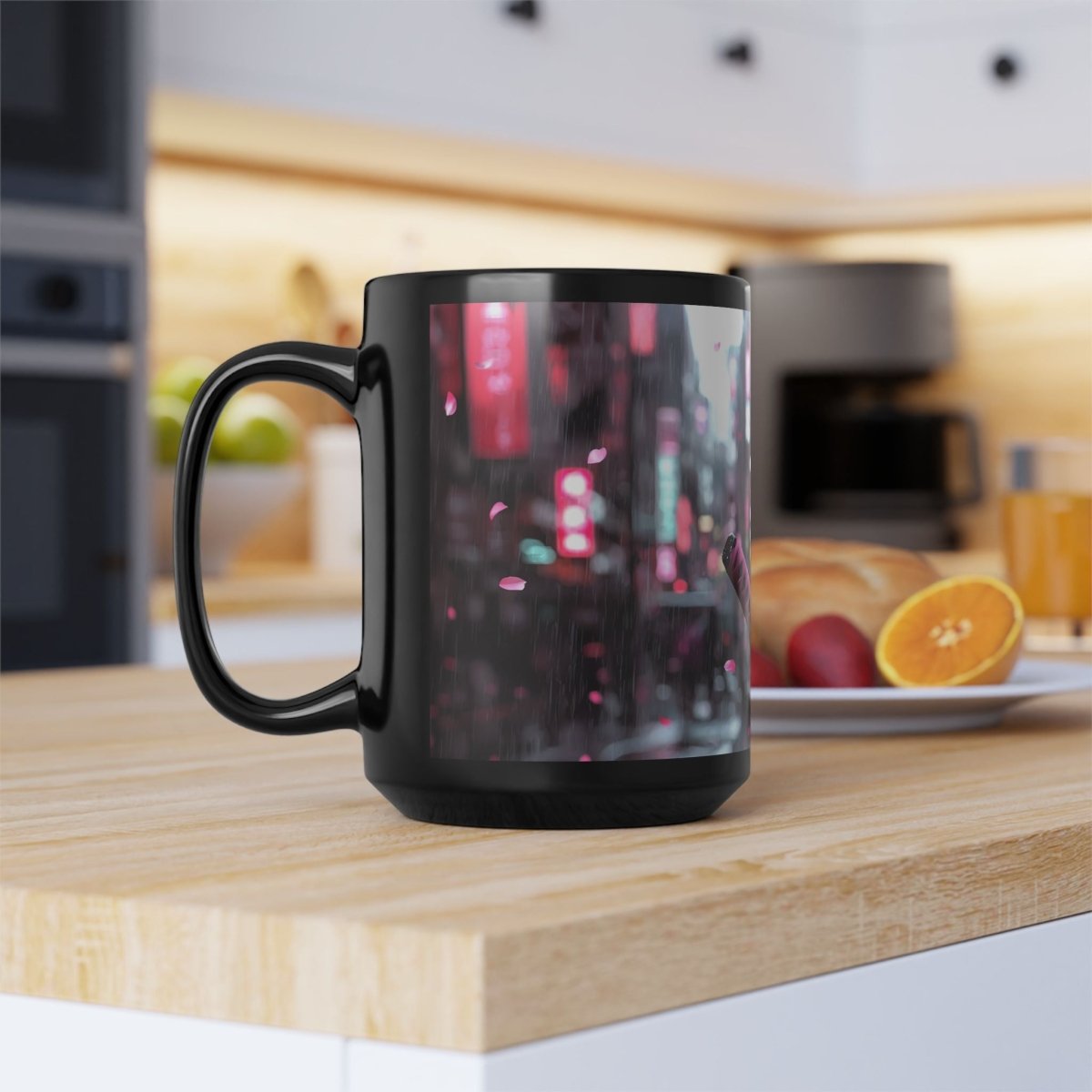 🎴 Neon Cyber Samurai Black Mug – Futuristic Warrior Woman - Elegant Deer