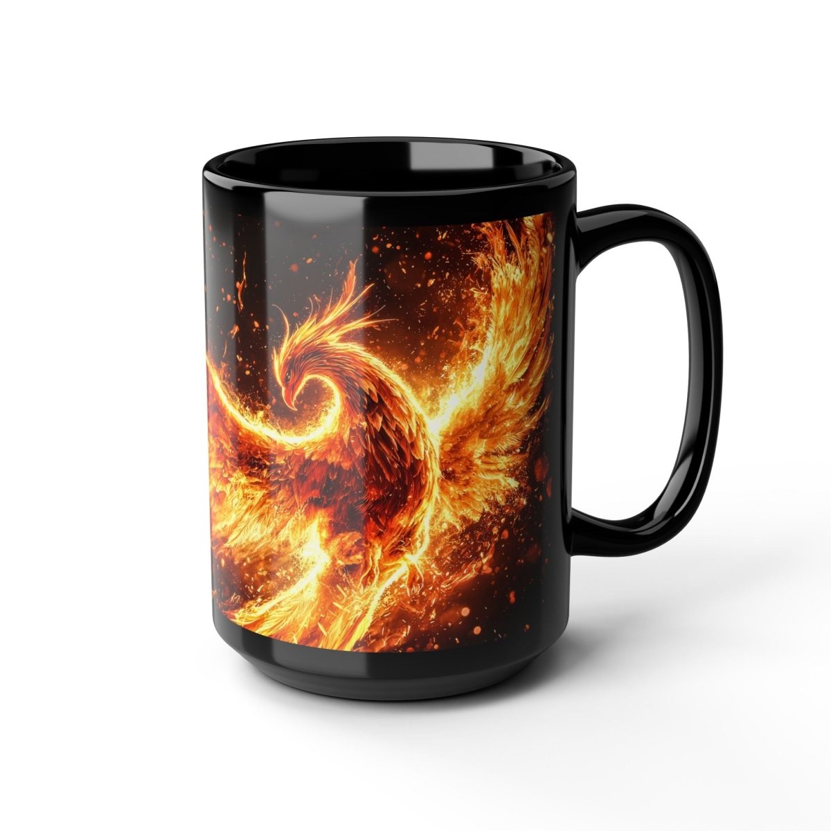 🔥 Phoenix Rising Black Mug – Mythical Firebird Art - Elegant Deer