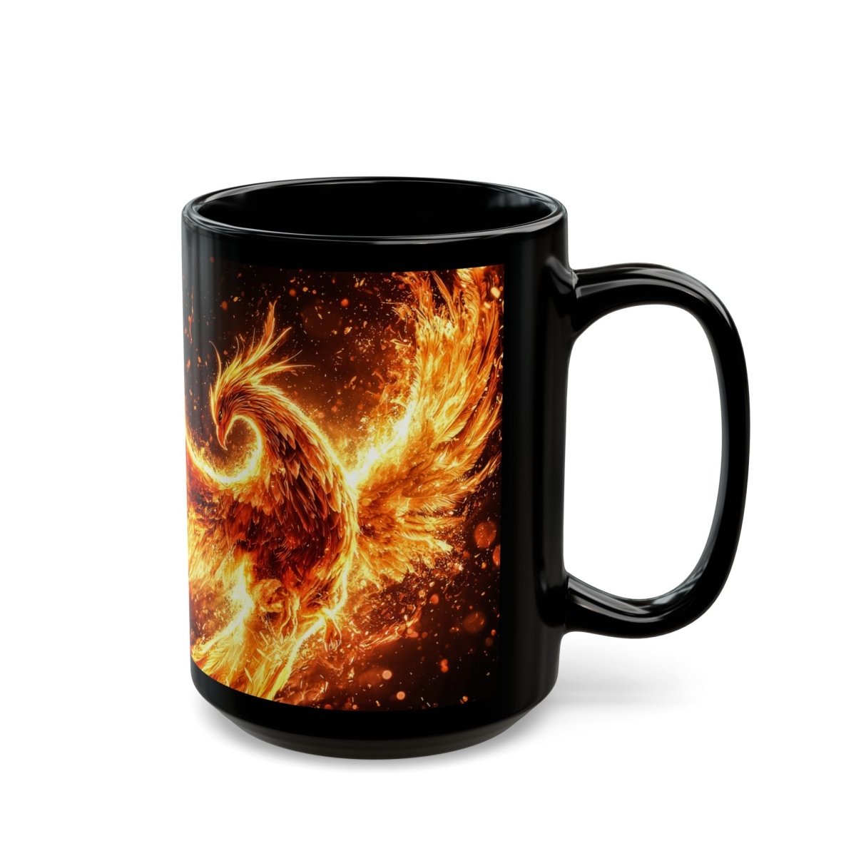 🔥 Phoenix Rising Black Mug – Mythical Firebird Art - Elegant Deer