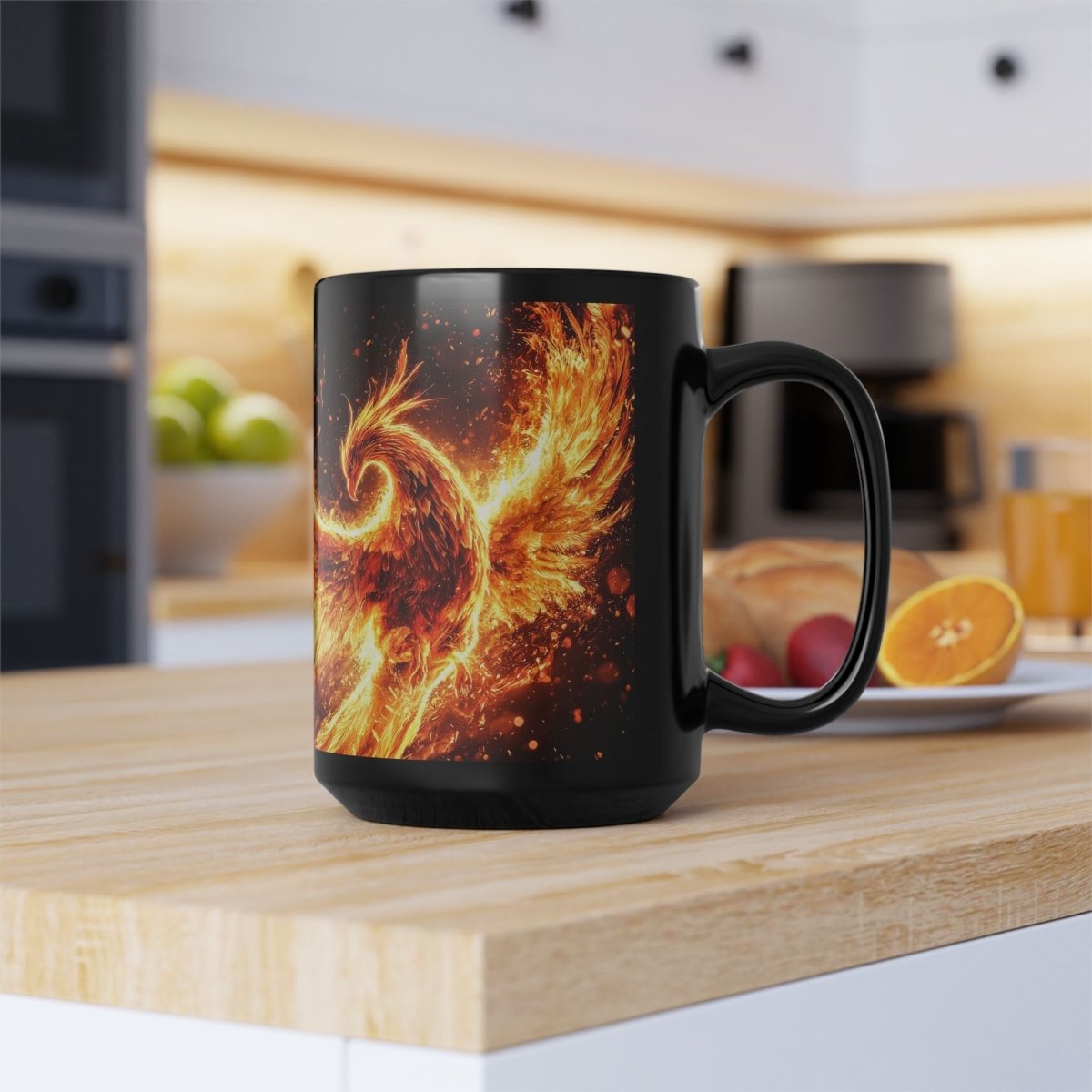 🔥 Phoenix Rising Black Mug – Mythical Firebird Art - Elegant Deer