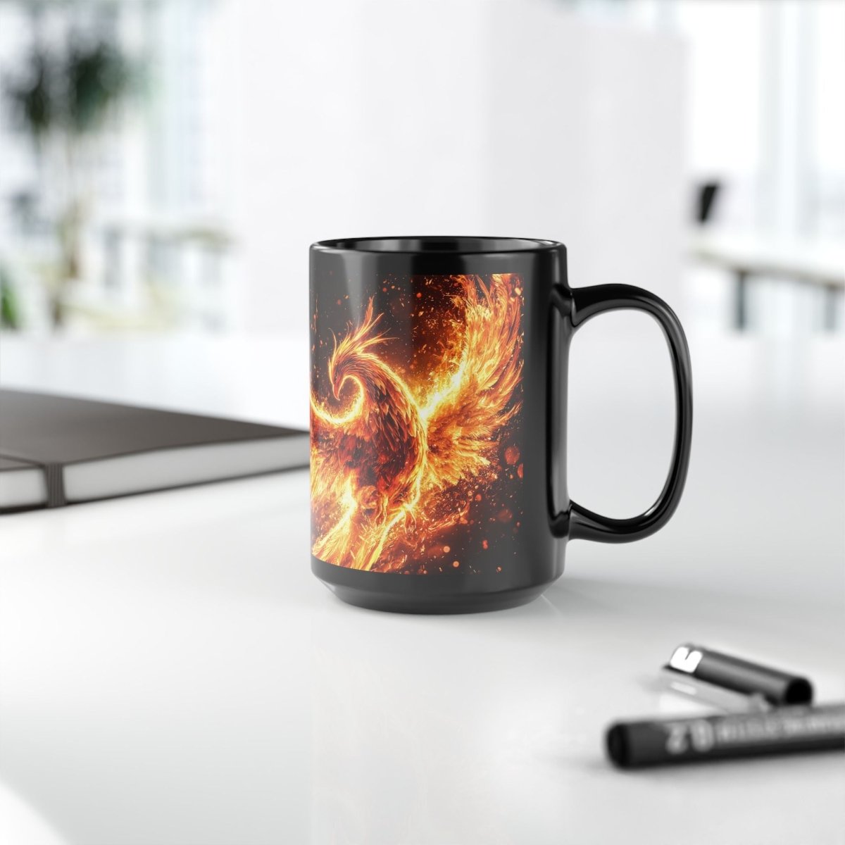 🔥 Phoenix Rising Black Mug – Mythical Firebird Art - Elegant Deer