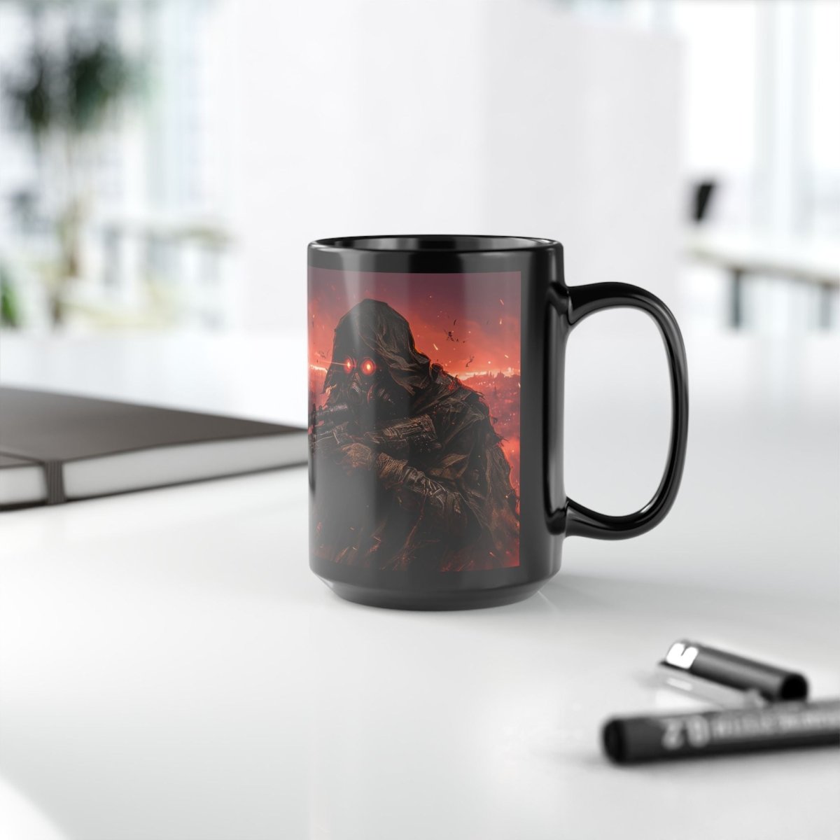 🎯 Post - Apocalyptic Sniper Black Mug – Dystopian Wasteland Warrior - Elegant Deer
