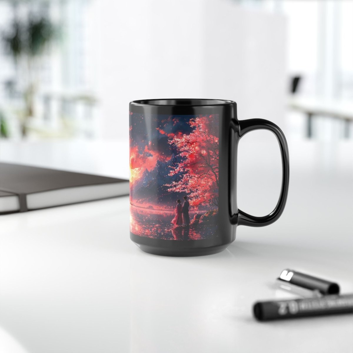 Romantic Cherry Blossom Sunset Mug - Valentine's Edition 15oz - Elegant Deer