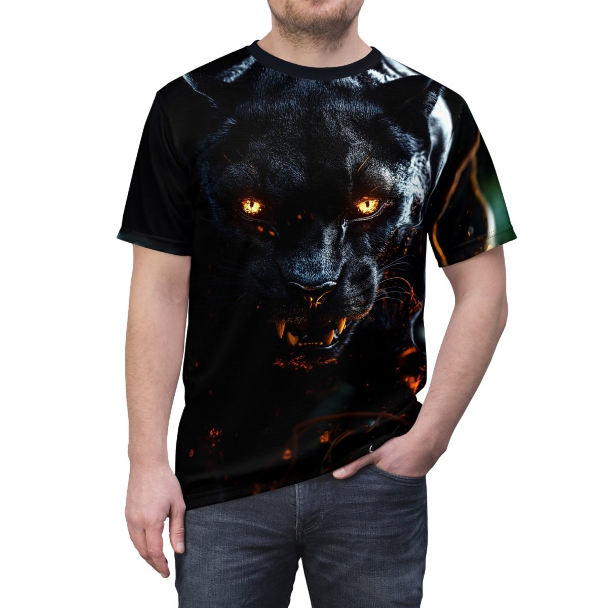 Shadow Stalker: Black Panther AOP T-Shirt - Elegant Deer