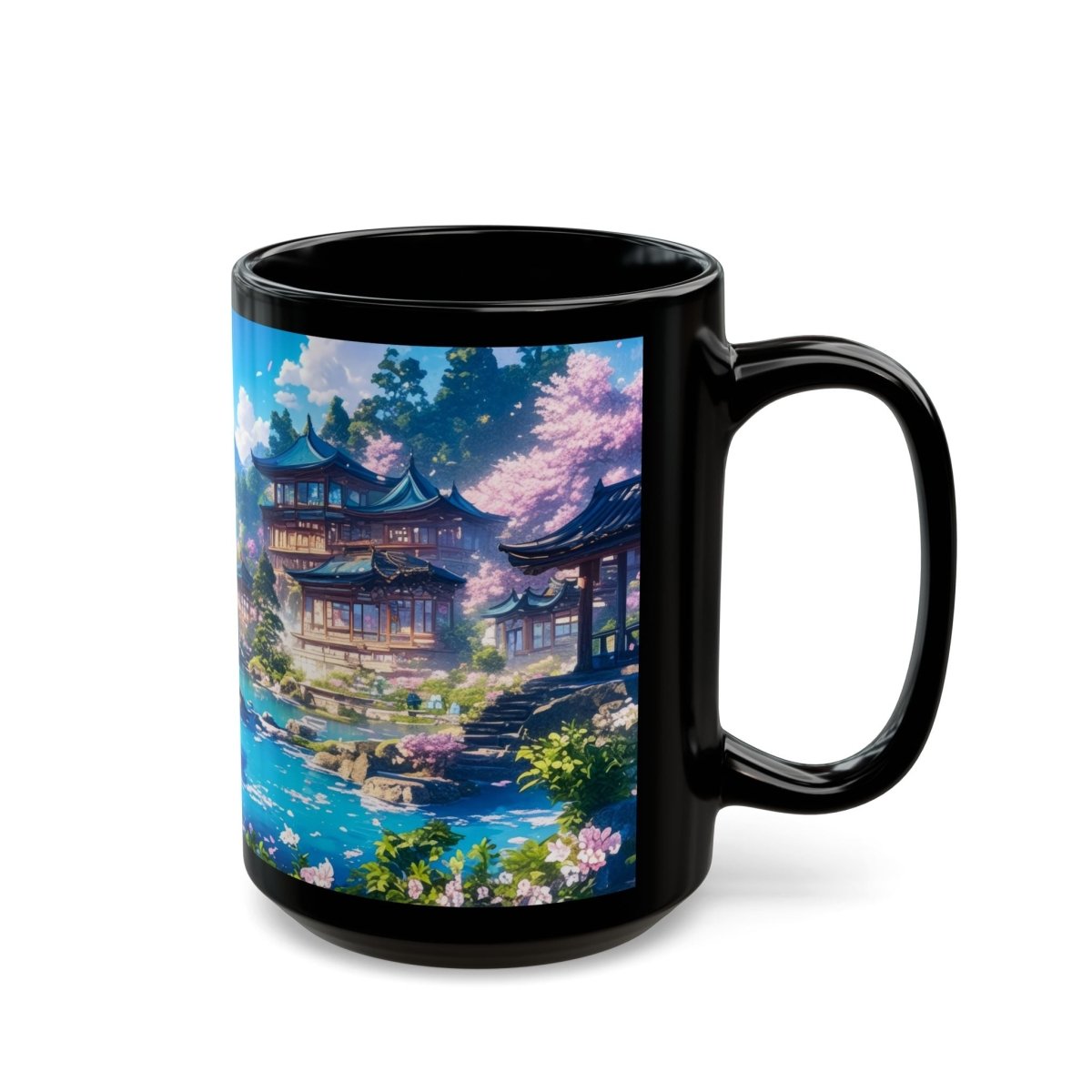 Traditional Japanese Serenity Mug – Cherry Blossoms and Tranquil Lake 15oz - Elegant Deer