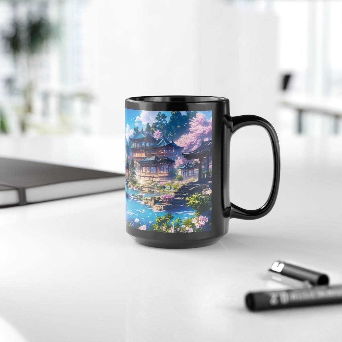 Traditional Japanese Serenity Mug – Cherry Blossoms and Tranquil Lake 15oz - Elegant Deer