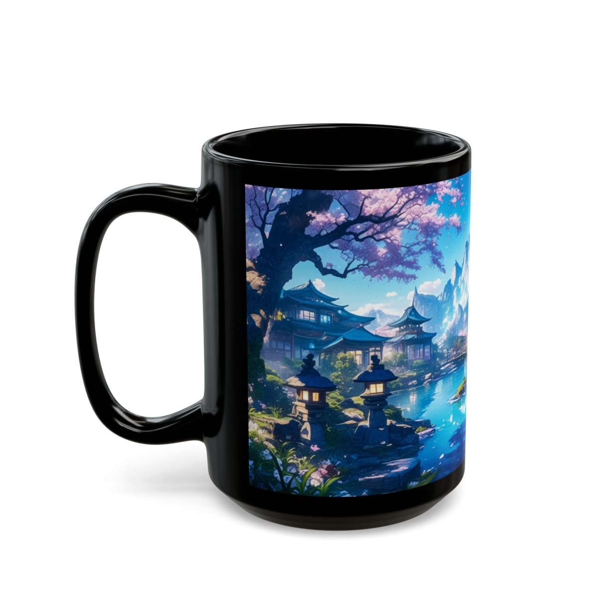 Traditional Japanese Serenity Mug – Cherry Blossoms and Tranquil Lake 15oz - Elegant Deer