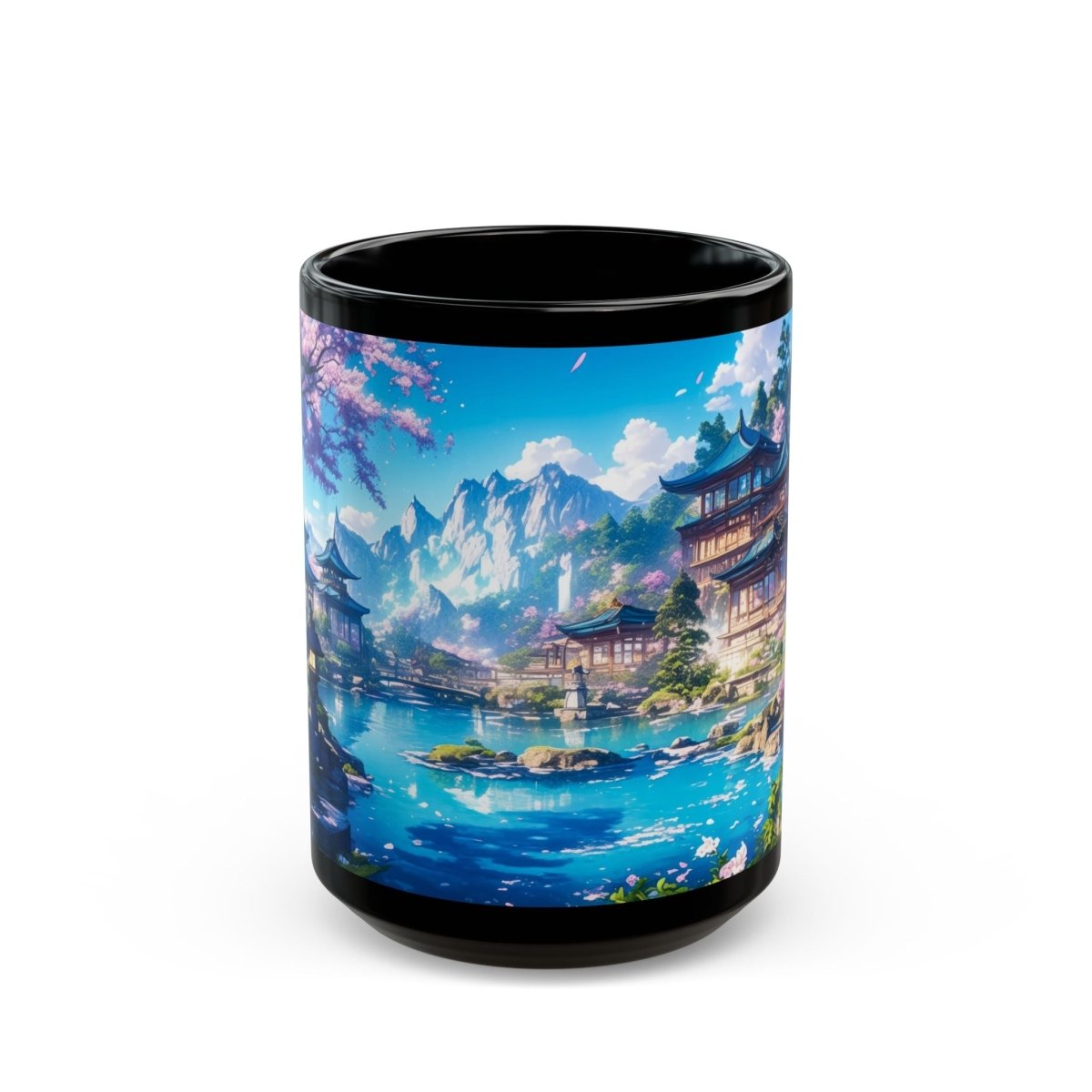 Traditional Japanese Serenity Mug – Cherry Blossoms and Tranquil Lake 15oz - Elegant Deer