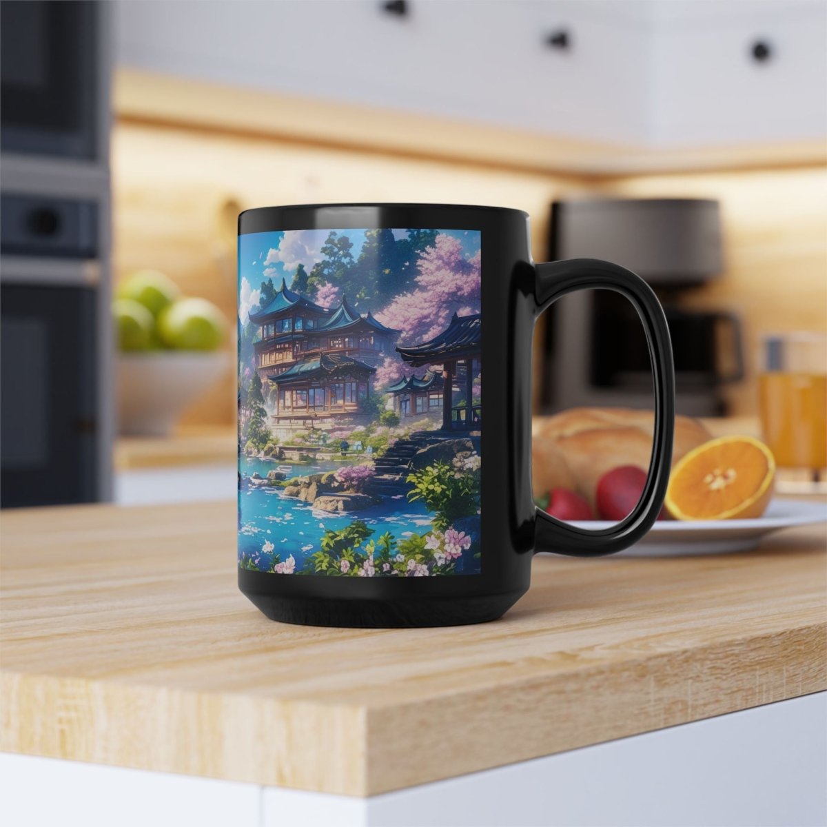 Traditional Japanese Serenity Mug – Cherry Blossoms and Tranquil Lake 15oz - Elegant Deer