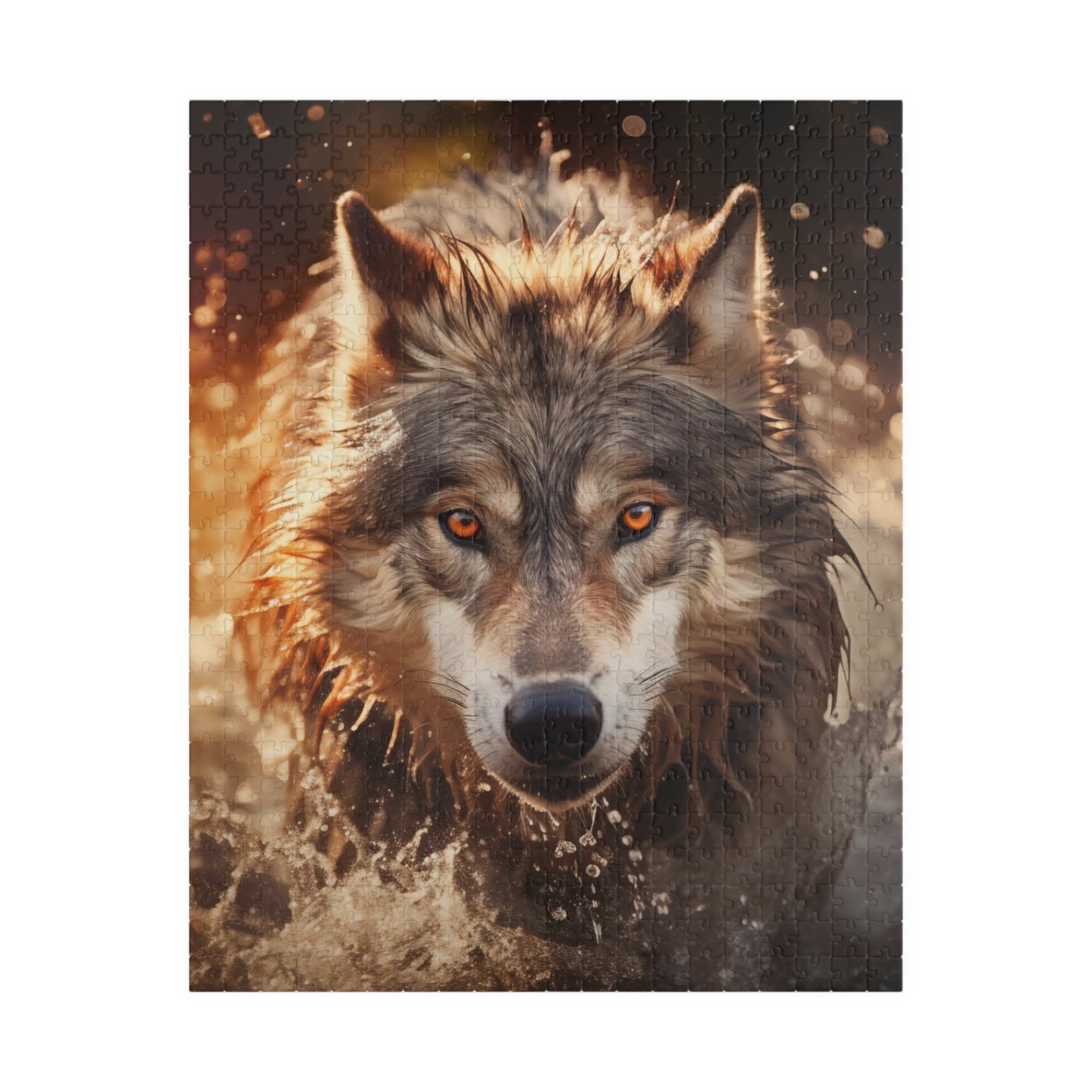 A wolf runs through the river at sunset Jigsaw Puzzle