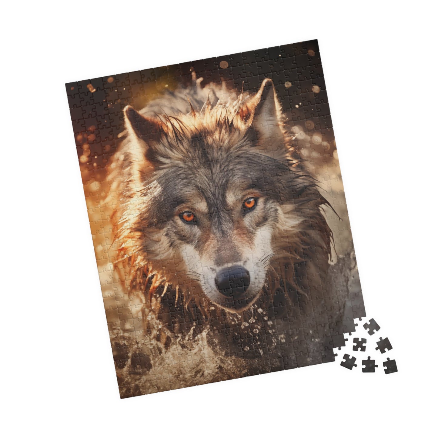 A wolf runs through the river at sunset Jigsaw Puzzle