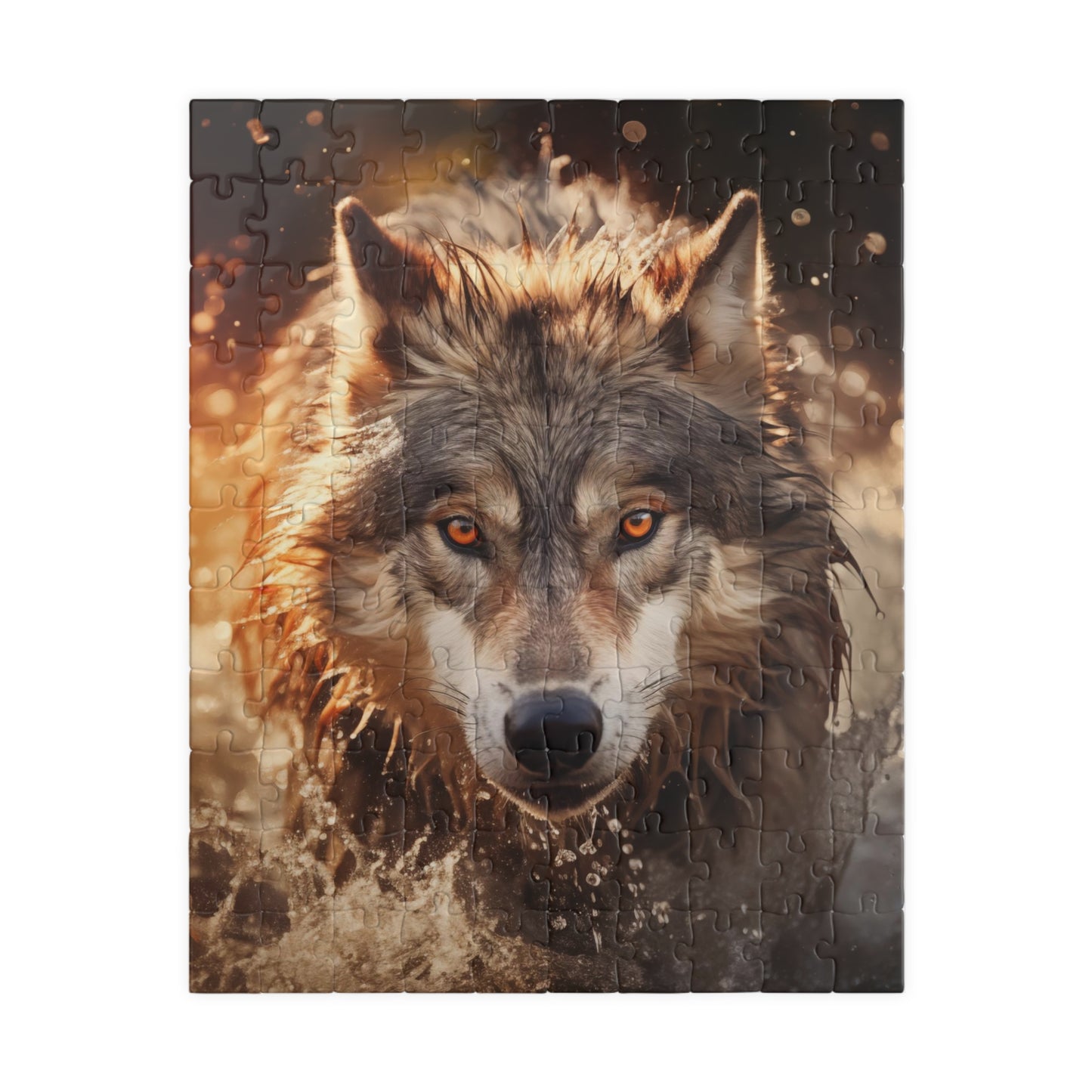 A wolf runs through the river at sunset Jigsaw Puzzle