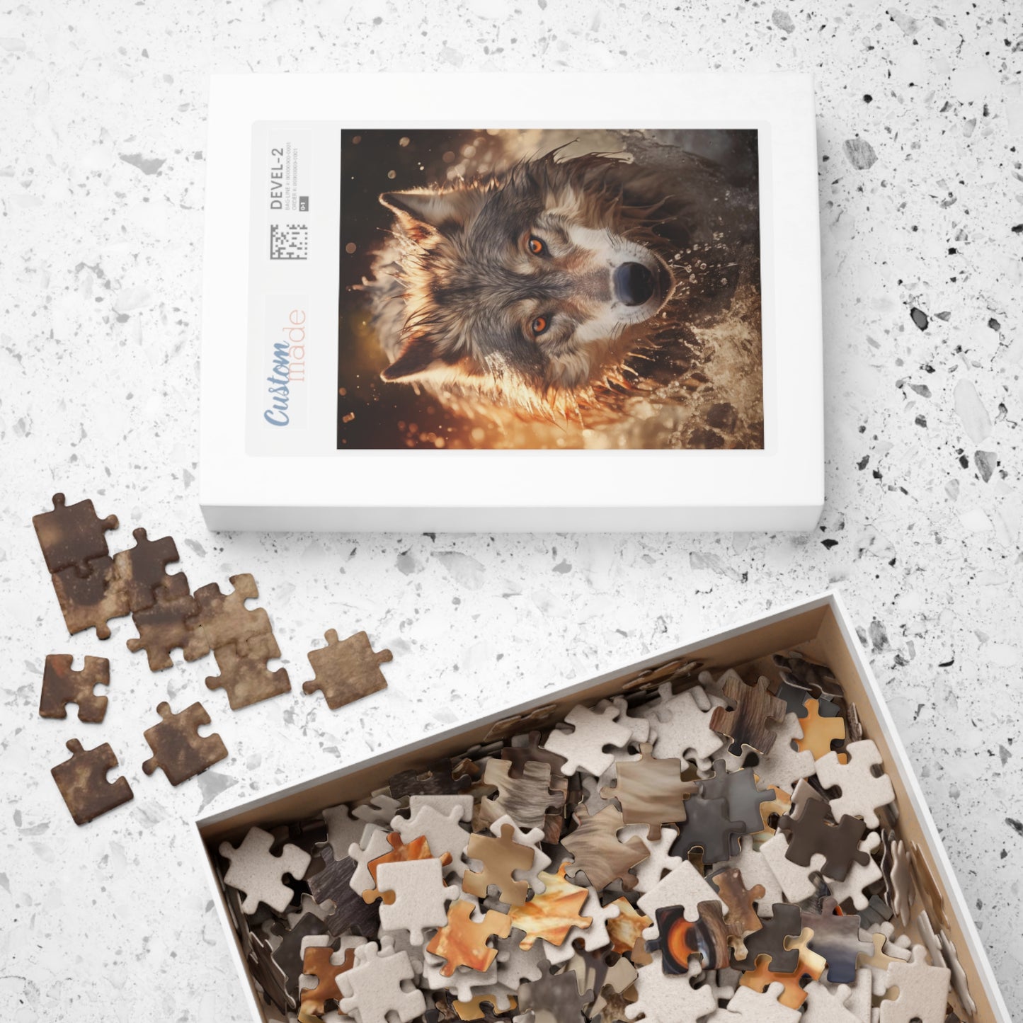 A wolf runs through the river at sunset Jigsaw Puzzle