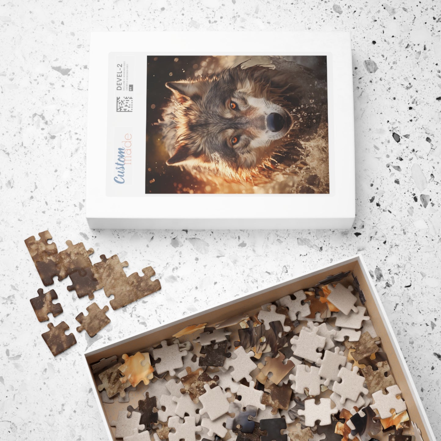 A wolf runs through the river at sunset Jigsaw Puzzle