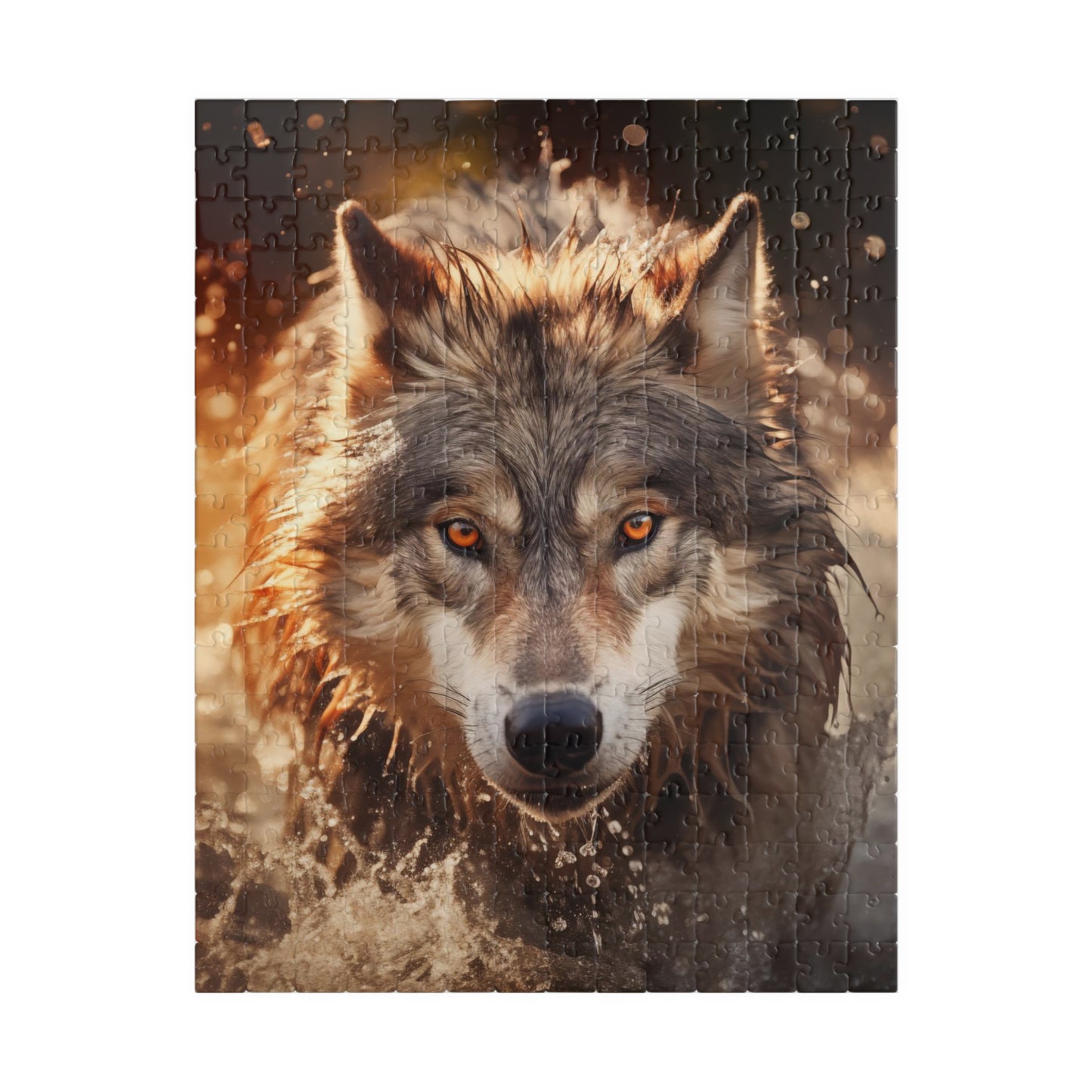 A wolf runs through the river at sunset Jigsaw Puzzle