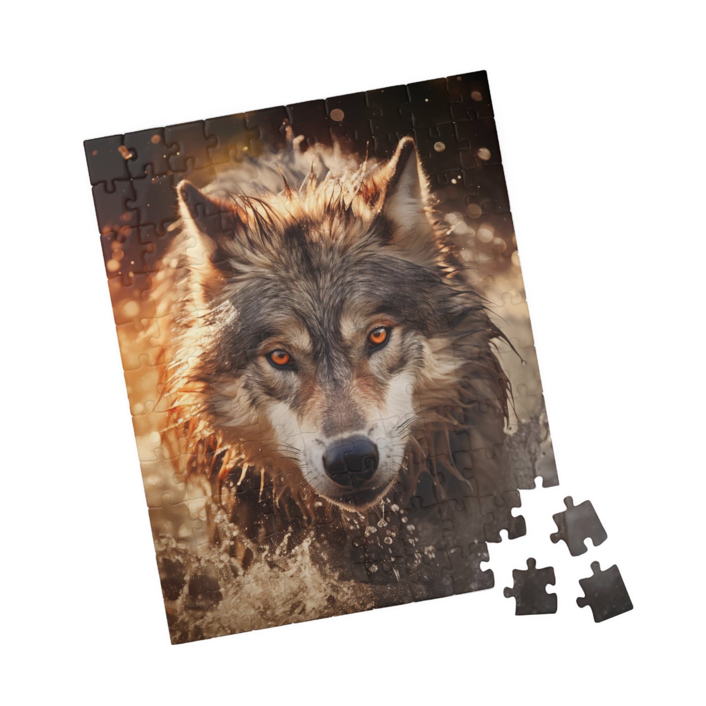 A wolf runs through the river at sunset Jigsaw Puzzle