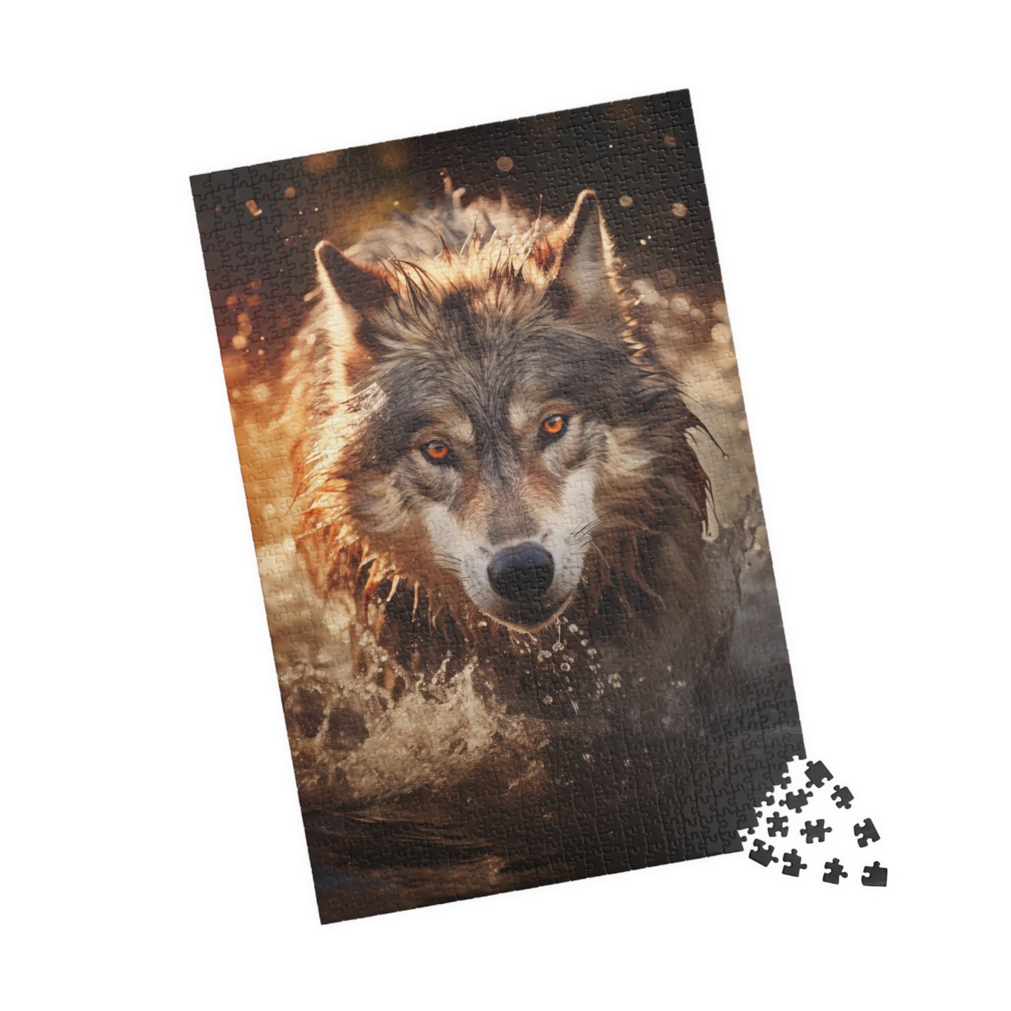 A wolf runs through the river at sunset Jigsaw Puzzle