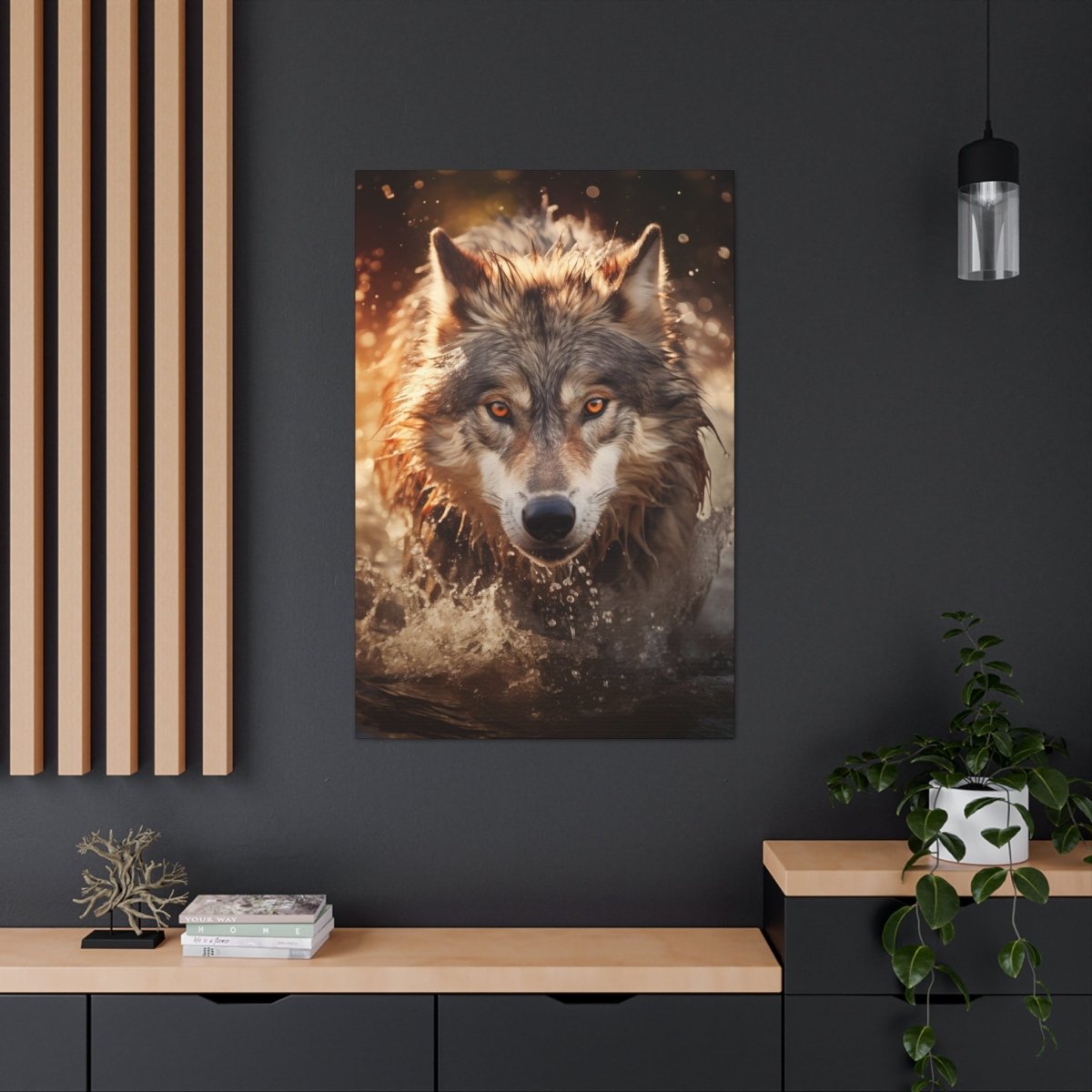 A wolf runs through the river at sunset Canvas Poster - Elegant Deer