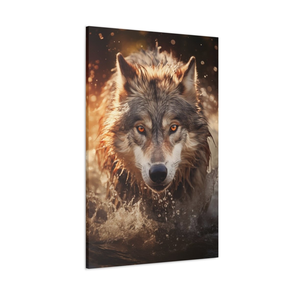 A wolf runs through the river at sunset Canvas Poster - Elegant Deer