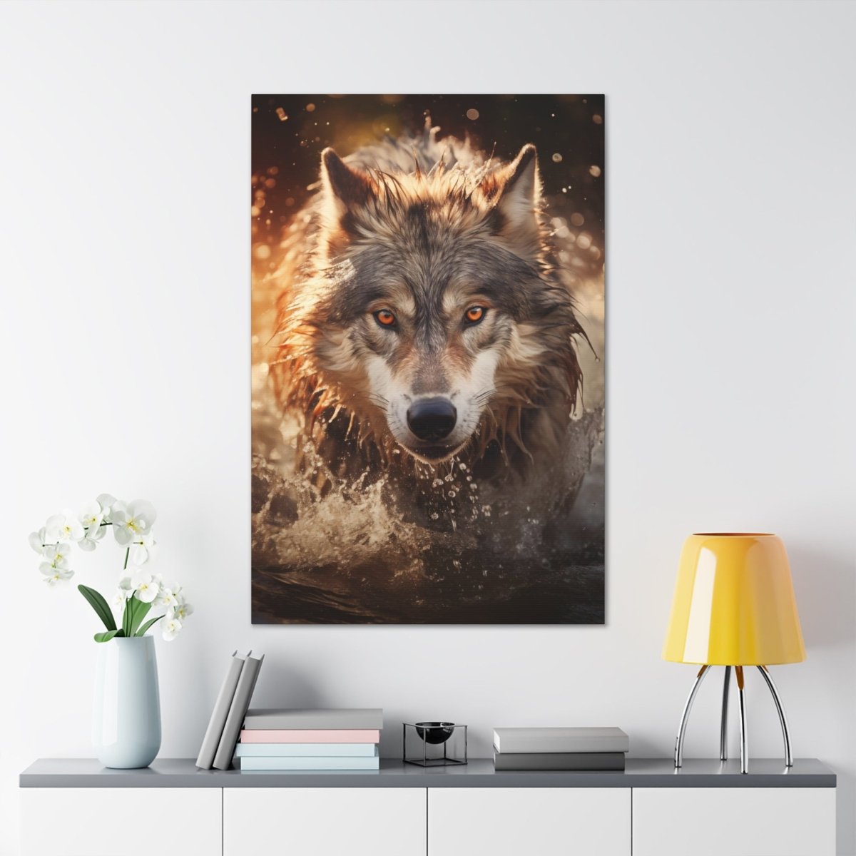 A wolf runs through the river at sunset Canvas Poster - Elegant Deer