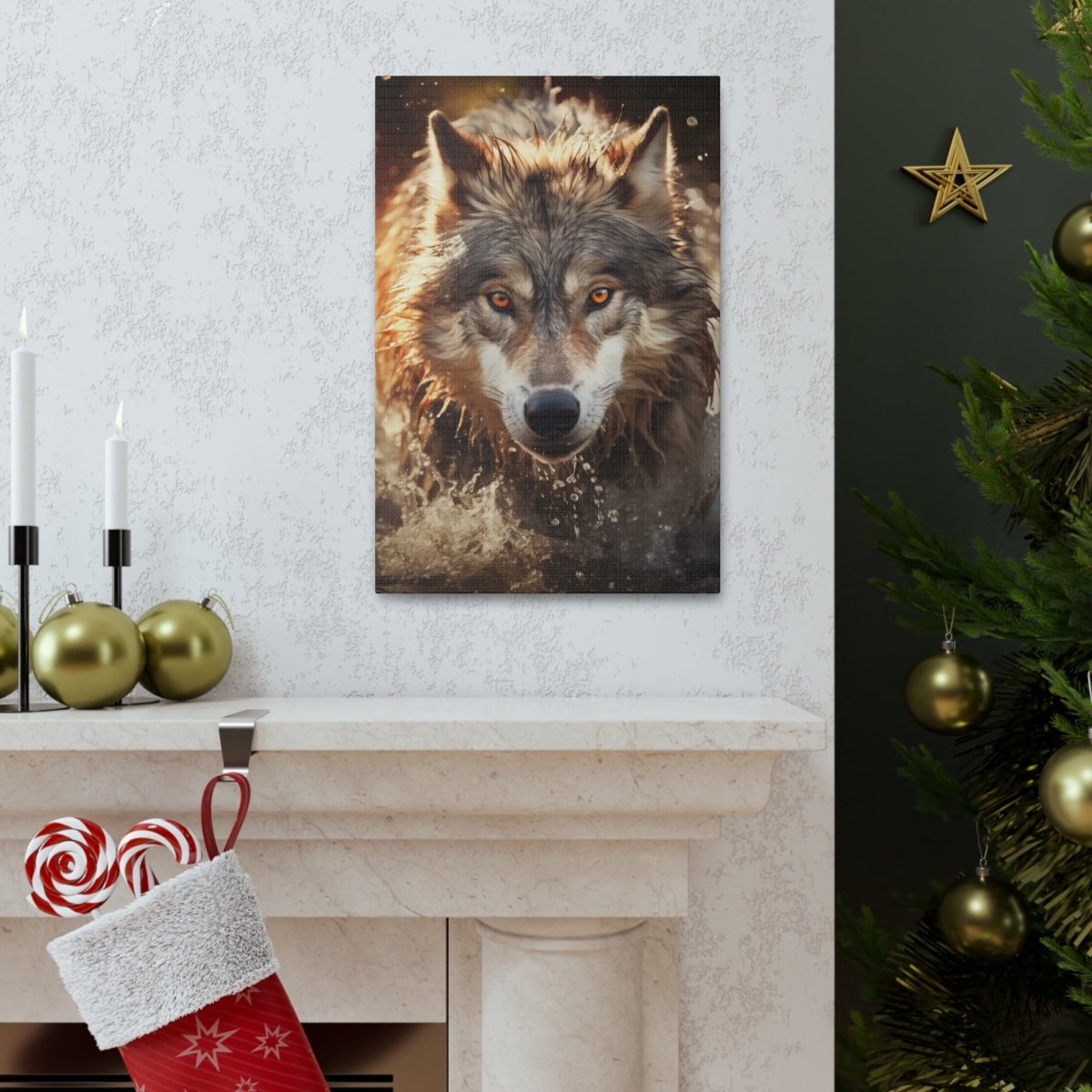 A wolf runs through the river at sunset Canvas Poster - Elegant Deer