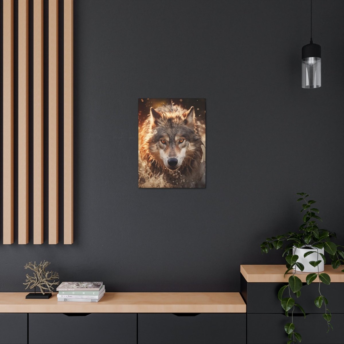 A wolf runs through the river at sunset Canvas Poster - Elegant Deer