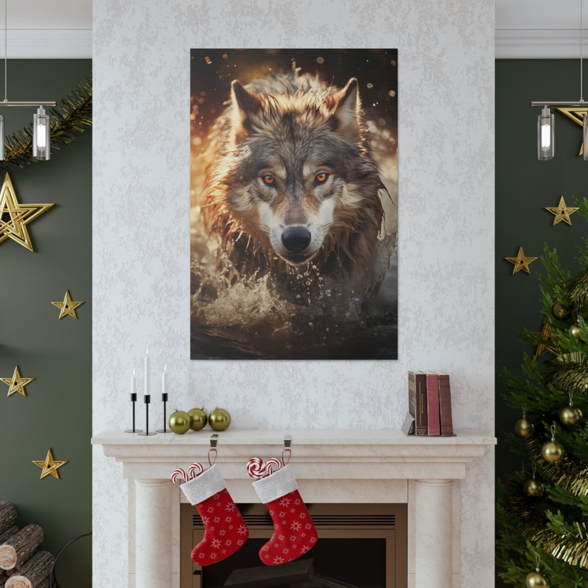 A wolf runs through the river at sunset Canvas Poster - Elegant Deer