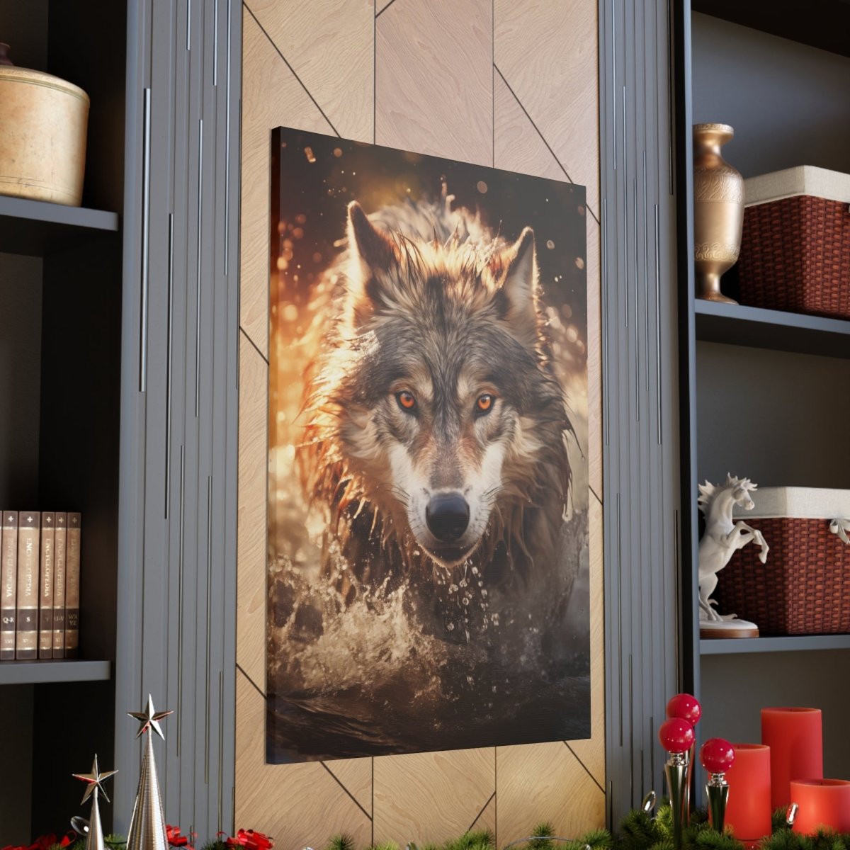 A wolf runs through the river at sunset Canvas Poster - Elegant Deer