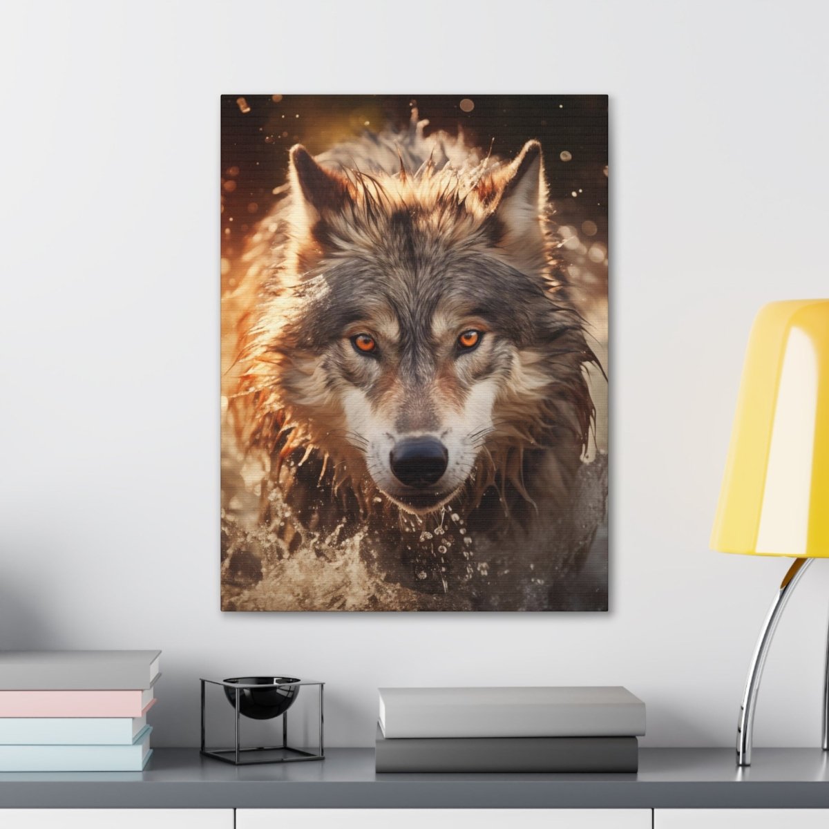 A wolf runs through the river at sunset Canvas Poster - Elegant Deer