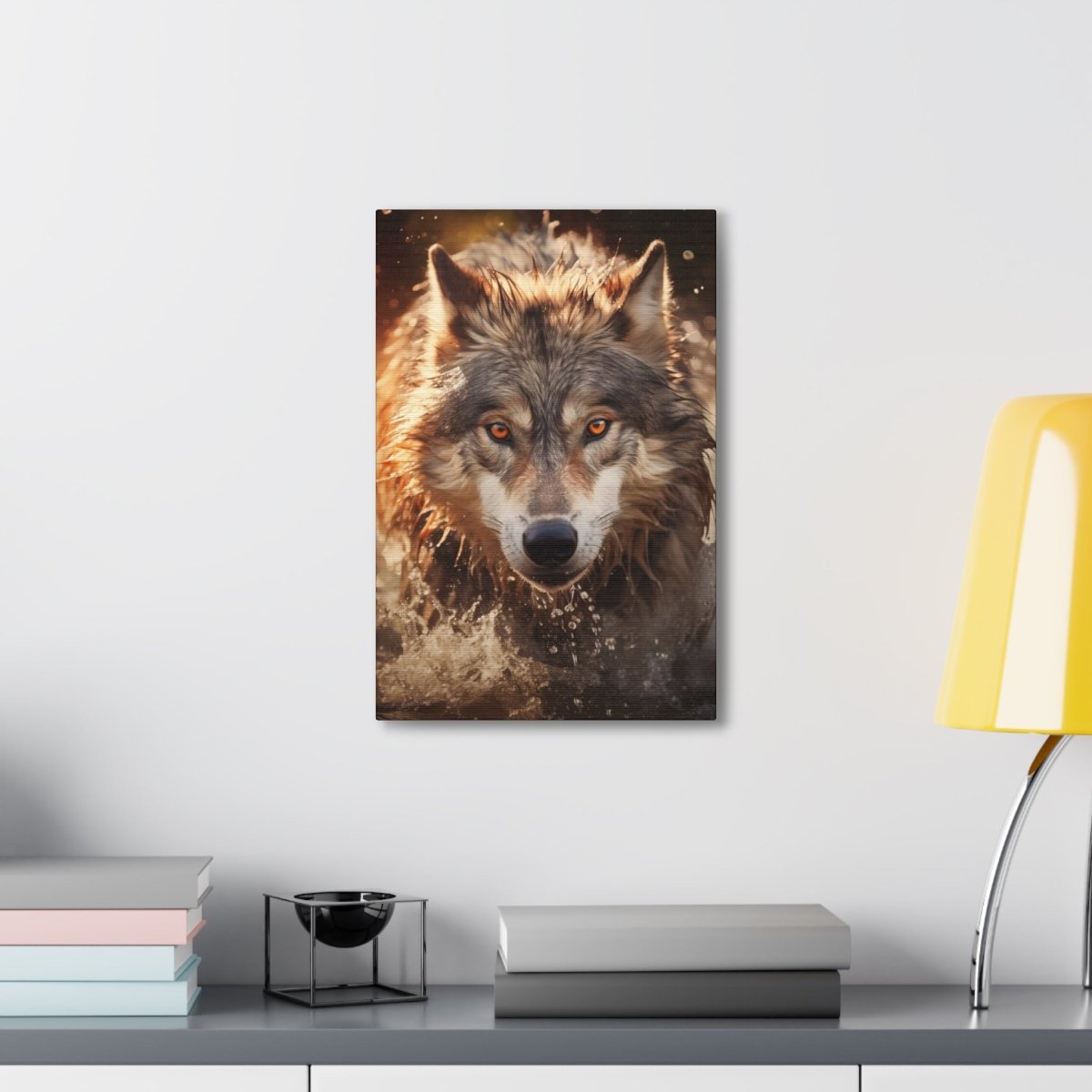 A wolf runs through the river at sunset Canvas Poster - Elegant Deer