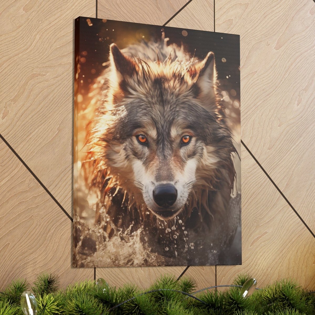 A wolf runs through the river at sunset Canvas Poster - Elegant Deer
