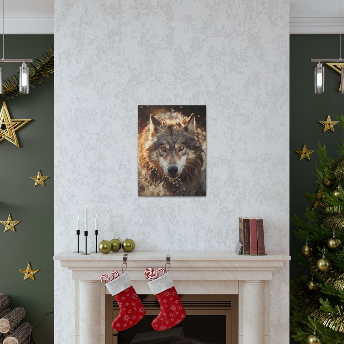 A wolf runs through the river at sunset Canvas Poster - Elegant Deer
