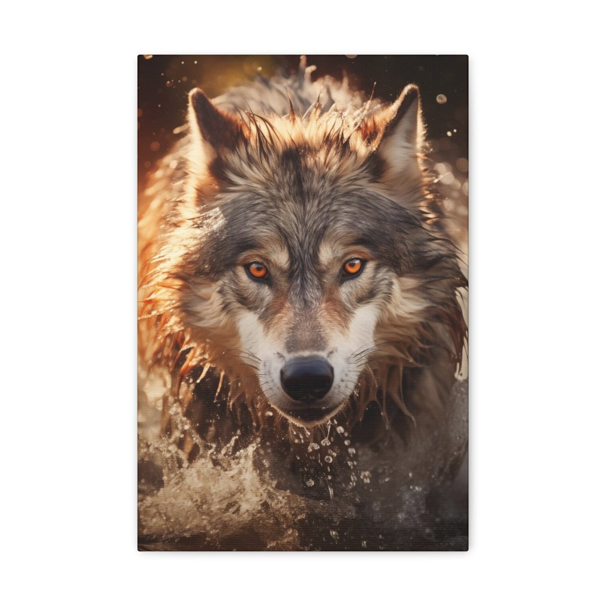 A wolf runs through the river at sunset Canvas Poster - Elegant Deer